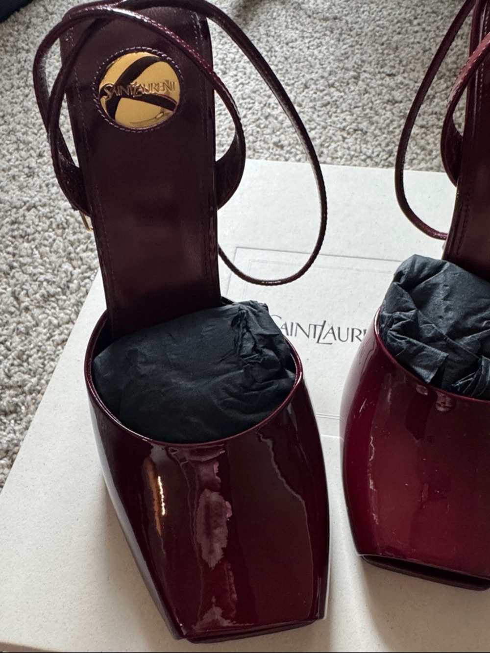Saint Laurent La Scandale Grenat Patent Leather Slingback Square Peep Toe - Picture 2 of 7